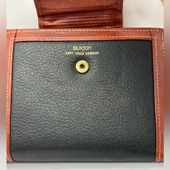 Buxton Kiss Lock Bifold  Black with Brown Trim Cowhide Leather Wallet Brand New - Picture 3 of 5